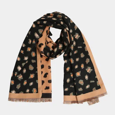 Truedames Leopard Pattern Fringe Oblong Scarf In Black