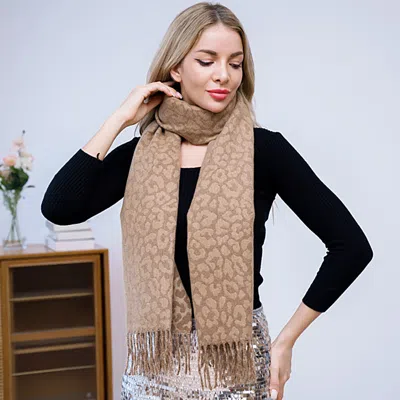 Truedames Leopard Pattern Fringe Winter Scarf In Neutral