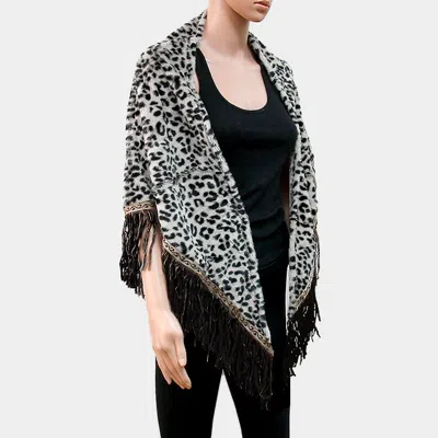Truedames Leopard Pattern Fur Square Shawl Scarf / Open Poncho With Suede Fringes In Black