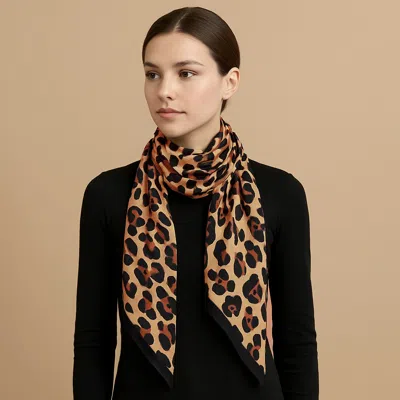 Truedames Leopard Pattern Printed Oblong Silky Satin Scarf Shawl In Brown