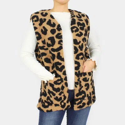 Truedames Leopard Patterned Sherpa Pocket Vest In Brown