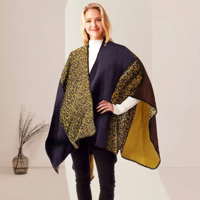Truedames Leopard Patterned Stitch Ruana Poncho In Yellow