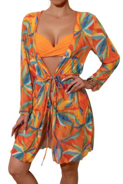 Truedames Leopard Print Bikini Kimono Three Pieces Swimsuit In Orange