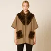 Truedames Leopard Print Fur Trim Collar Pockets Zipper Front Kimono Poncho In Gray