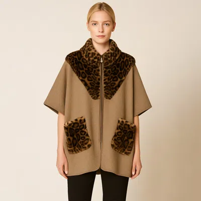 Truedames Leopard Print Fur Trim Collar Pockets Zipper Front Kimono Poncho In Gray