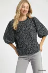 Truedames Leopard Print Jacquard Blouse With Puff Sleeves In Black