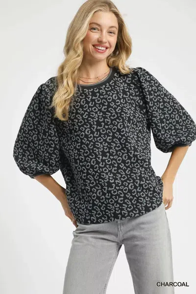 Truedames Leopard Print Jacquard Blouse With Puff Sleeves In Black