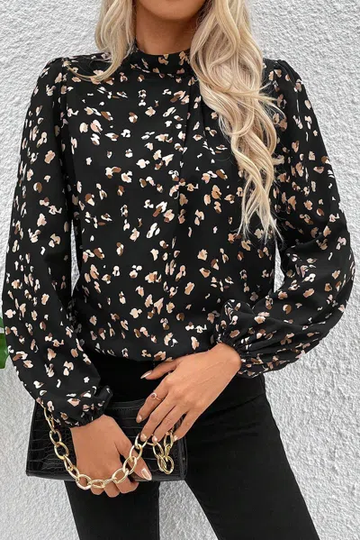 Truedames Leopard Print Lantern Sleeve Mock Neck Pleated Blouse In Black