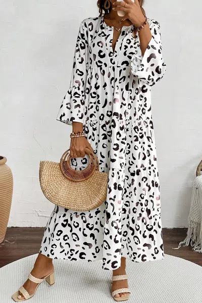 Truedames Leopard Print Notch V Neck Loose Fit Maxi Dress In Multi