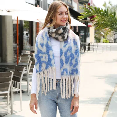 Truedames Leopard Print Oversized Fringe Chunky Oblong Scarf In Blue