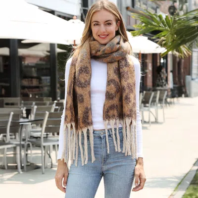 Truedames Leopard Print Oversized Fringe Chunky Oblong Scarf In Brown