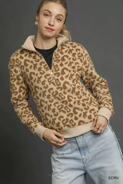 Truedames Leopard Print Quarter-zip Sweatshirt In Brown