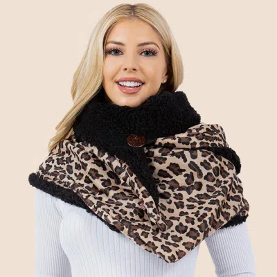 Truedames Leopard Print Sherpa Button Wrap Convertible Shawl Winter Scarf In Brown