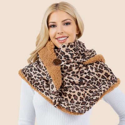 Truedames Leopard Print Sherpa Button Wrap Convertible Shawl Winter Scarf In Brown