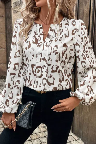 Truedames Leopard Print Split Neck Balloon Sleeve Blouse In White