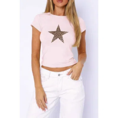 Truedames Leopard Print Star Crew Neck Slim Fitted Shirt In Pink