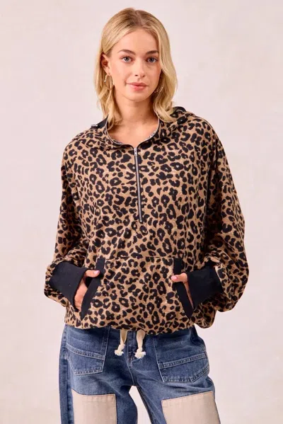 Truedames Leopard Print Waffle Half Zip Up Hoodie W Pocket In Brown