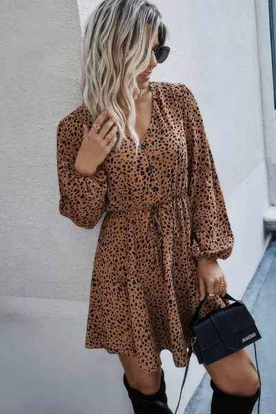 Truedames Leopard Print Waist Tie Belted Ruffle Hem Dress In Brown