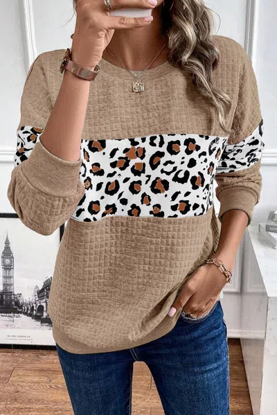 Truedames Leopard Quilted Patchwork Crew Neck Sweatshirt In Nude