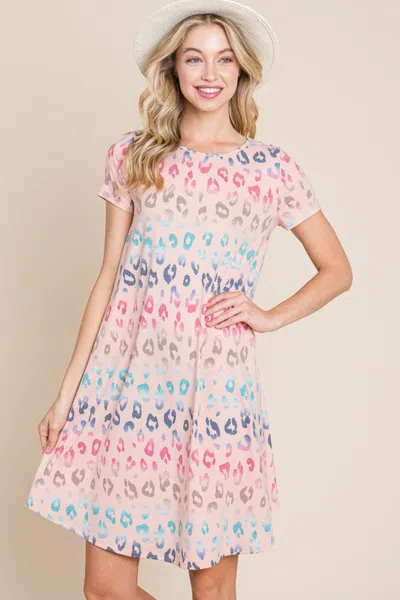 Truedames Leopard Round Neck Short Sleeve Dress In Multi