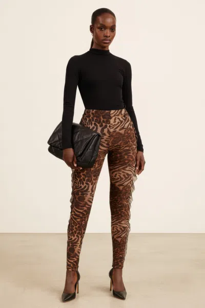 Truedames Leopard Side Ruffle Printed Pants In Brown