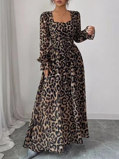 Truedames Leopard Sweetheart Neck Flounce Sleeve Maxi Dress In Multi