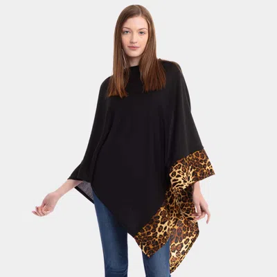 Truedames Leopard Trim Solid Poncho In Black