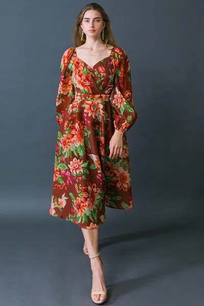 Truedames Let It Happen Woven Orgnza Midi Dress In Brown
