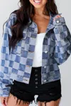 Truedames Light Blue Checkered Patchwork Button Up Denim Jacket In Multi