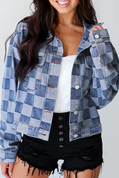 Truedames Light Blue Checkered Patchwork Button Up Denim Jacket In Multi