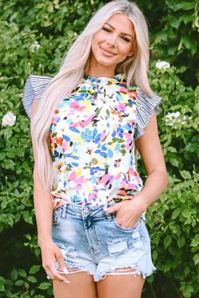 Truedames Light Blue Floral Print Striped Ruffled Sleeve Blouse In Multi