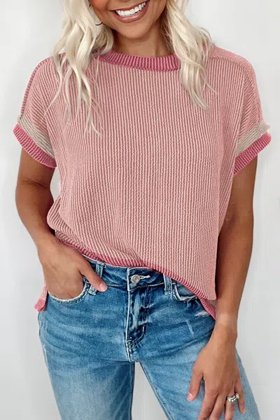 Truedames Light Pink Textured Contrast Trim Round Neck T Shirt