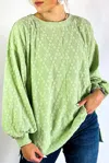 Truedames Light Solid Color Textu Side Split Crew Neck Blouse In Green