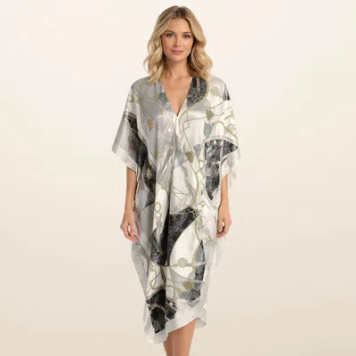 Truedames Lightweight Abstract Pattern Print Satin Feel Kimono Style Long Cover Up Poncho In Gray