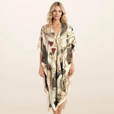 Truedames Lightweight Abstract Pattern Print Satin Feel Kimono Style Long Cover Up Poncho In Green