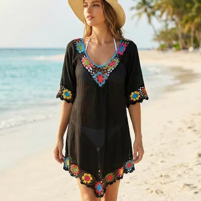 Truedames Lightweight Granny Square Floral Crochet Trim Sheer Beach Cover Up Poncho In Black