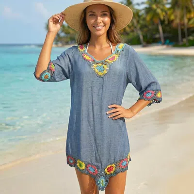 Truedames Lightweight Granny Square Floral Crochet Trim Sheer Beach Cover Up Poncho In Blue