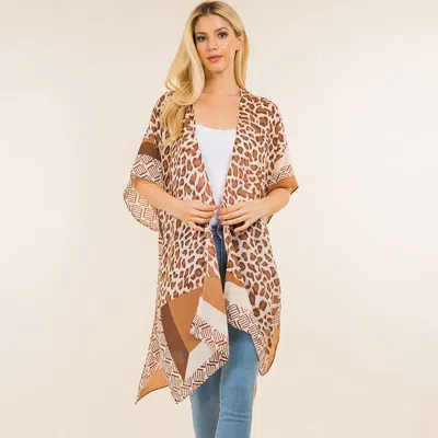 Truedames Lightweight Leopard Print Open Front Kimono Poncho In Brown