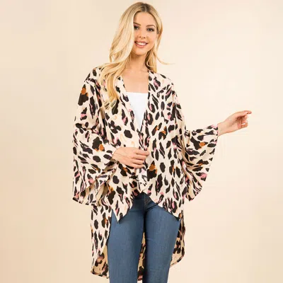 Truedames Lightweight Leopard Print Open Front Kimono Poncho In Brown