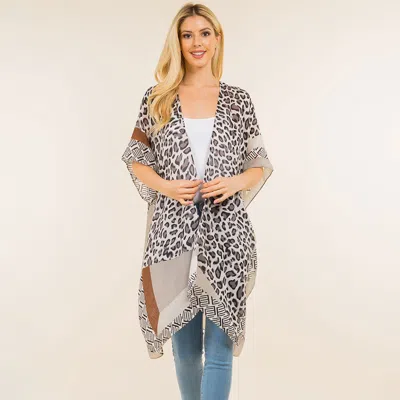 Truedames Lightweight Leopard Print Open Front Kimono Poncho In White