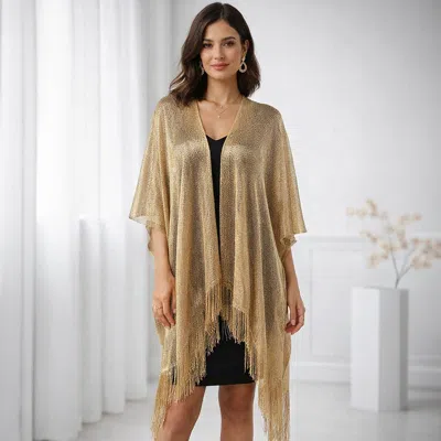 Truedames Lightweight Metallic Fringe Flowing Kimono Cover Up In Gold