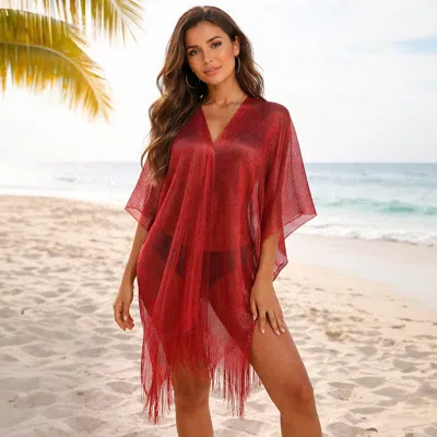 Truedames Lightweight Metallic Fringe Flowing Kimono Cover Up In Red