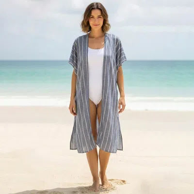 Truedames Lightweight Open Front Striped Loose Beach Cover Up Poncho In Blue