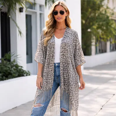 Truedames Lightweight Sheer Leopard Pattern Fringe Hem Kimono Cover Up In Silver