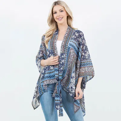 Truedames Lightweight Short Sleeves Floral Patchwork Pattern Open Front Kimono Poncho In Blue