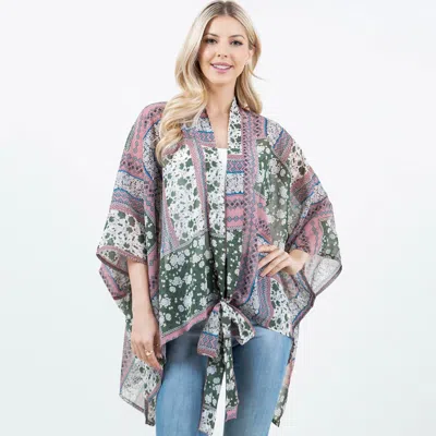 Truedames Lightweight Short Sleeves Floral Patchwork Pattern Open Front Kimono Poncho In Pink
