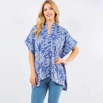 Truedames Lightweight Short Sleeves Leaf Pattern Open Front Kimono Poncho In Blue
