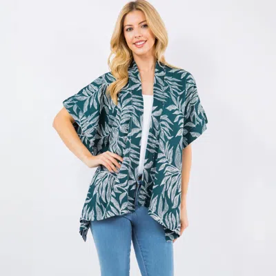 Truedames Lightweight Short Sleeves Leaf Pattern Open Front Kimono Poncho In Green