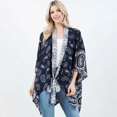Truedames Lightweight Short Sleeves Paisley Pattern Open Front Kimono Poncho In Blue