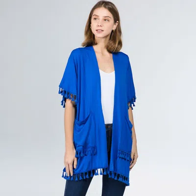 Truedames Lightweight Tassel Trim Open Front Kimono Cardigan In Blue